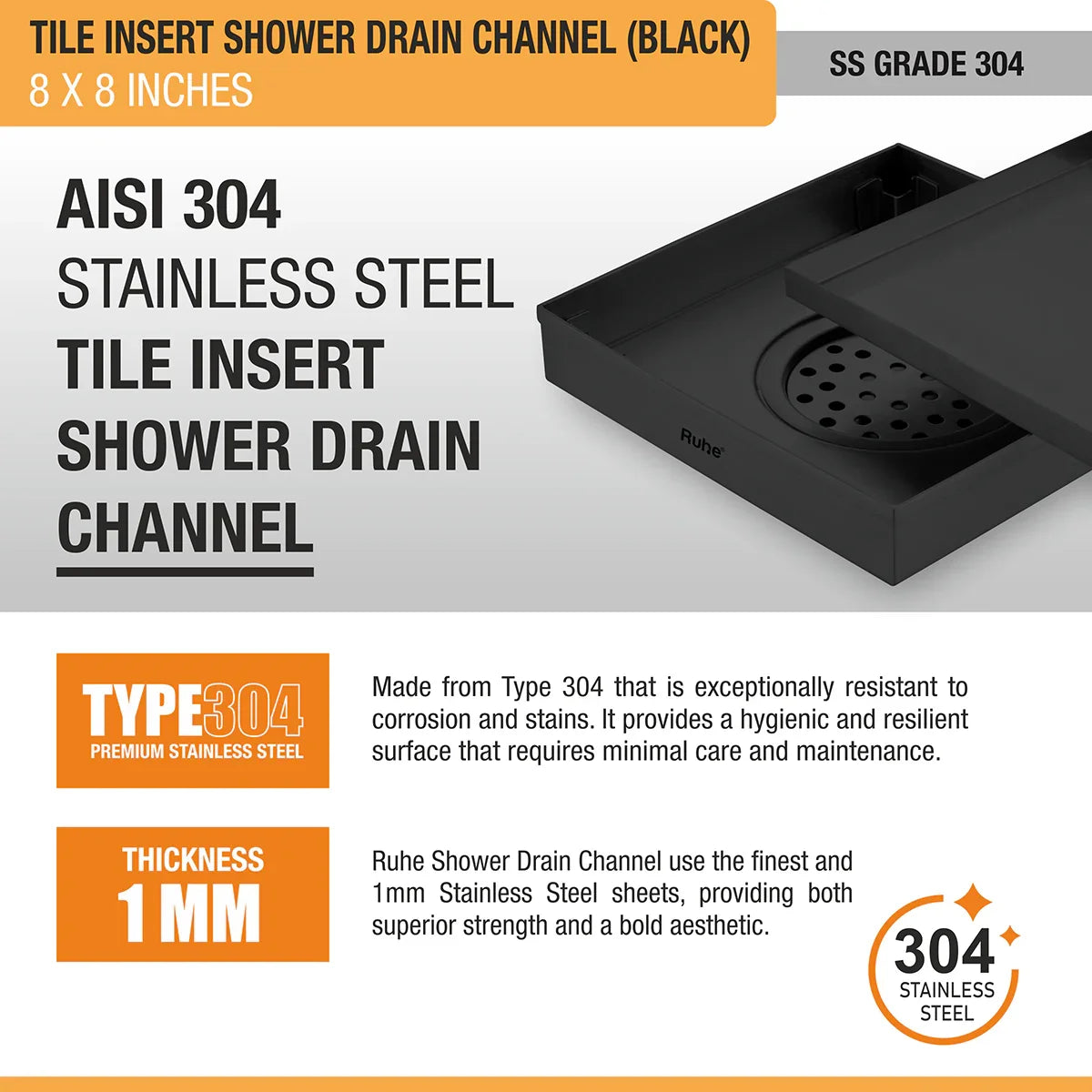 Tile-Insert Shower Drain Channel (8 x 8 Inches)