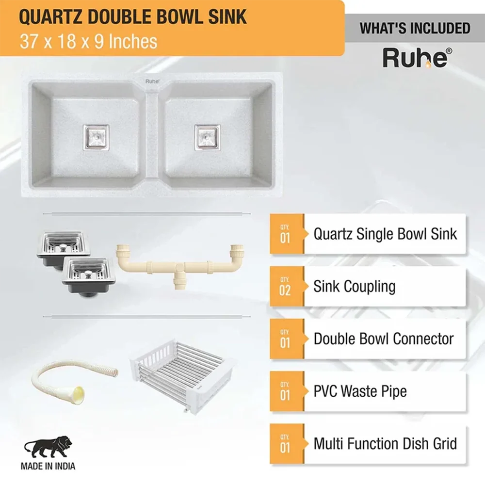 Quartz Double Bowl Kitchen Sink (37 x 18 x 9 Inches)