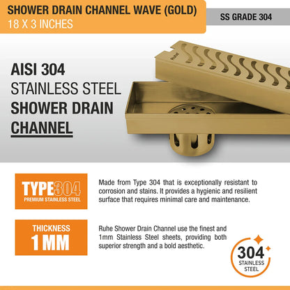 Wave Shower Drain Channel (18 x 3 Inches) YELLOW GOLD stainless steel