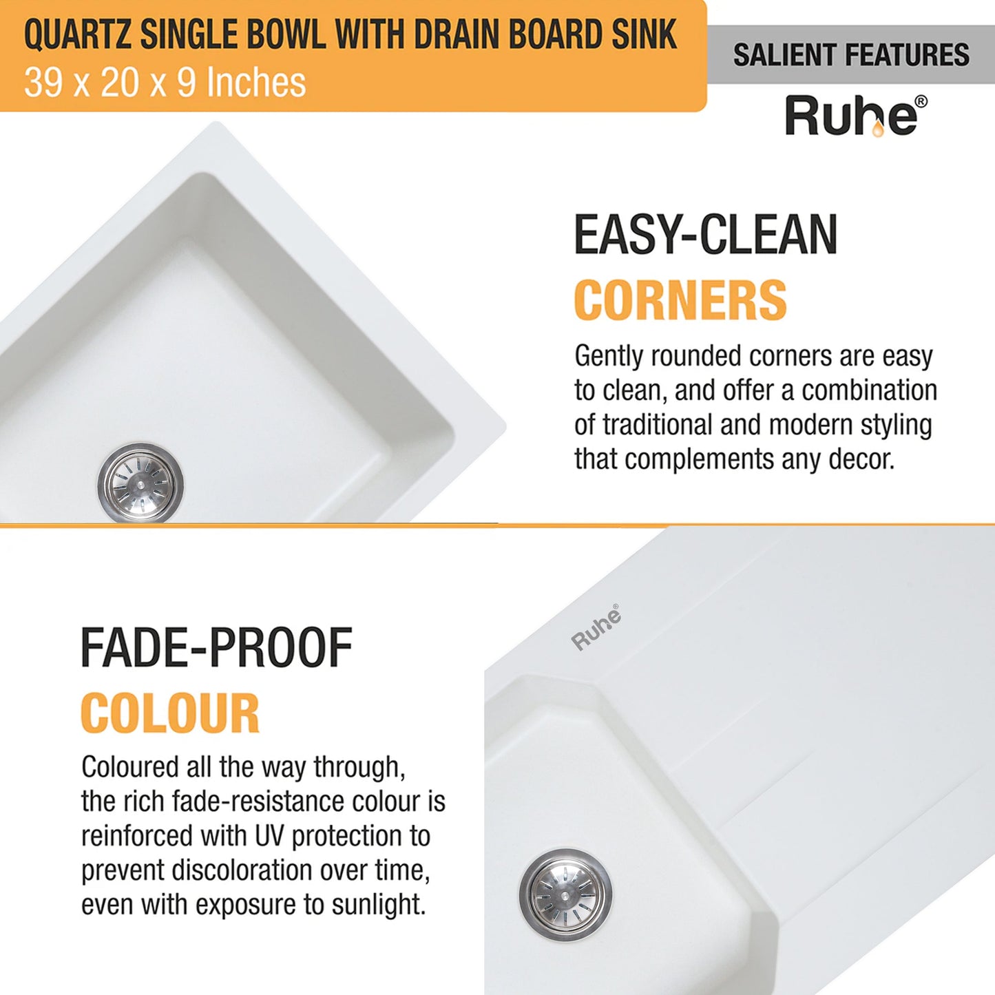 Quartz Single Bowl with Drainboard Kitchen Sink (39 x 20 x 9 Inches)