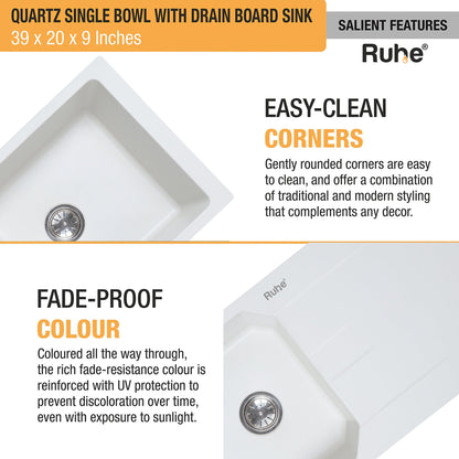 Quartz Single Bowl with Drainboard Kitchen Sink (39 x 20 x 9 Inches)