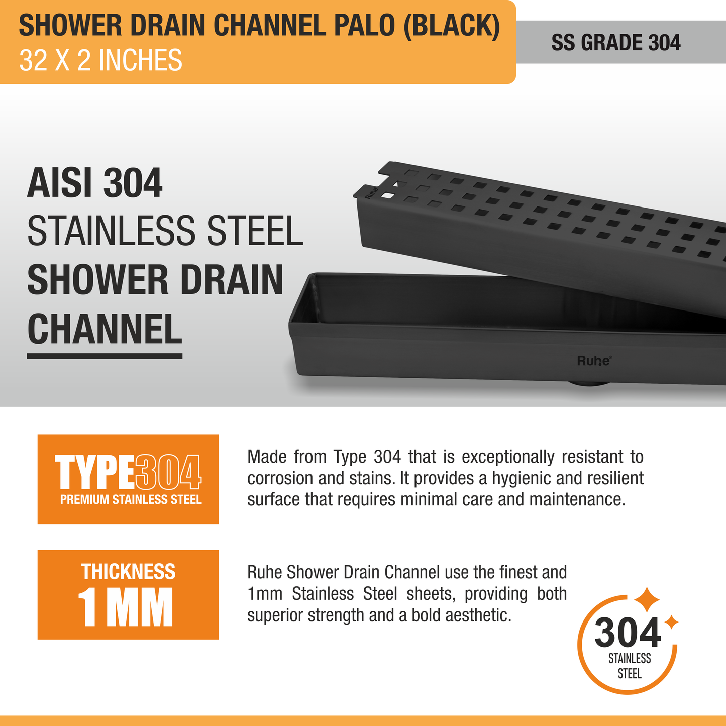 Palo Shower Drain Channel Black (2 Inches)