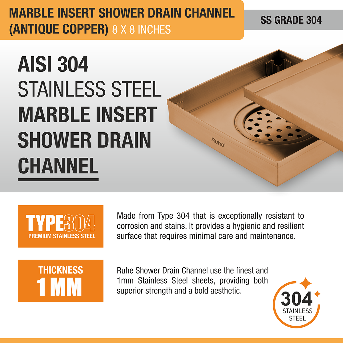 Marble-Insert Shower Drain Channel (8 x 8 Inches)