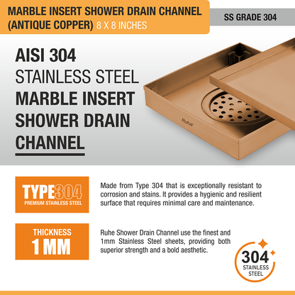 Marble-Insert Shower Drain Channel (8 x 8 Inches)