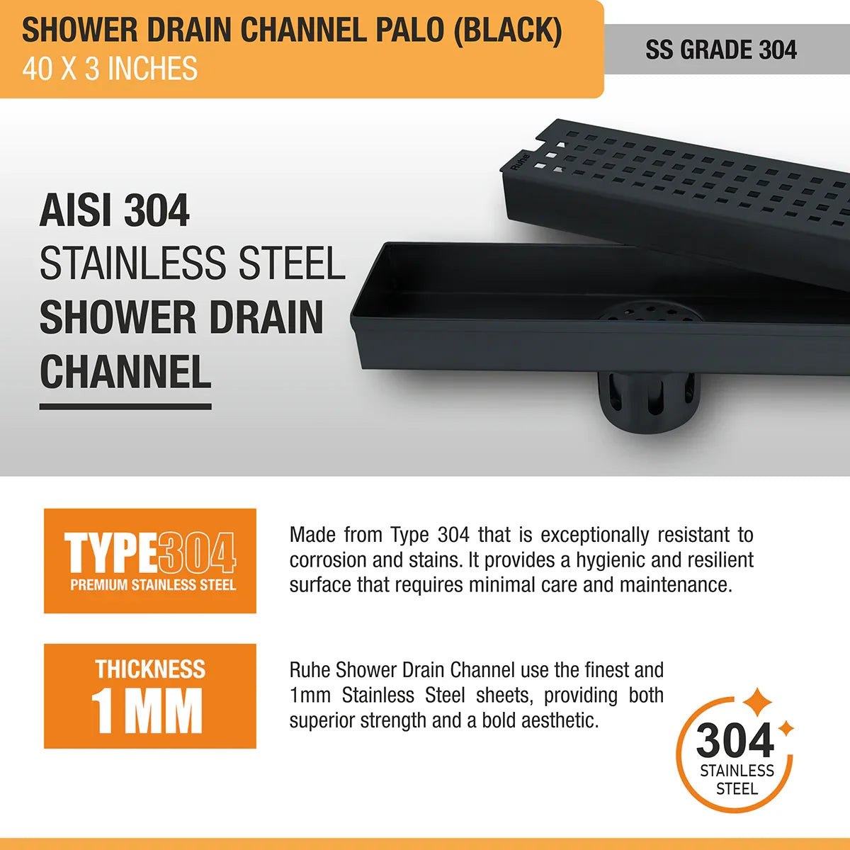 Palo Shower Drain Channel (40 x 3 Inches) Black PVD Coated stainless steel