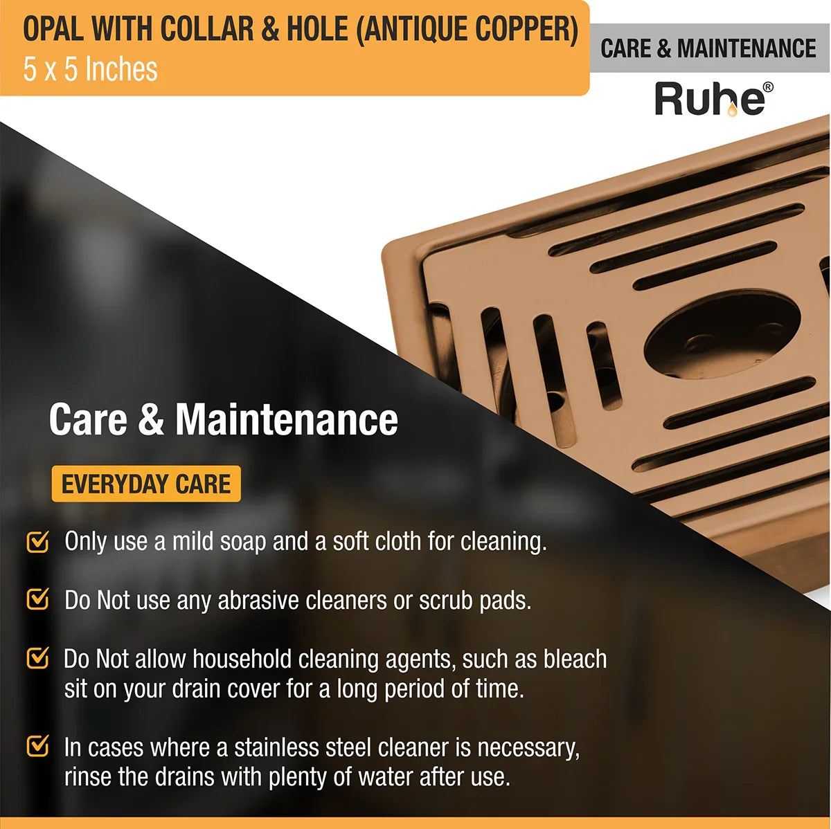Opal Square Flat Cut Floor Drain in Antique Copper PVD Coating (5 x 5 Inches) with Hole - by Ruhe