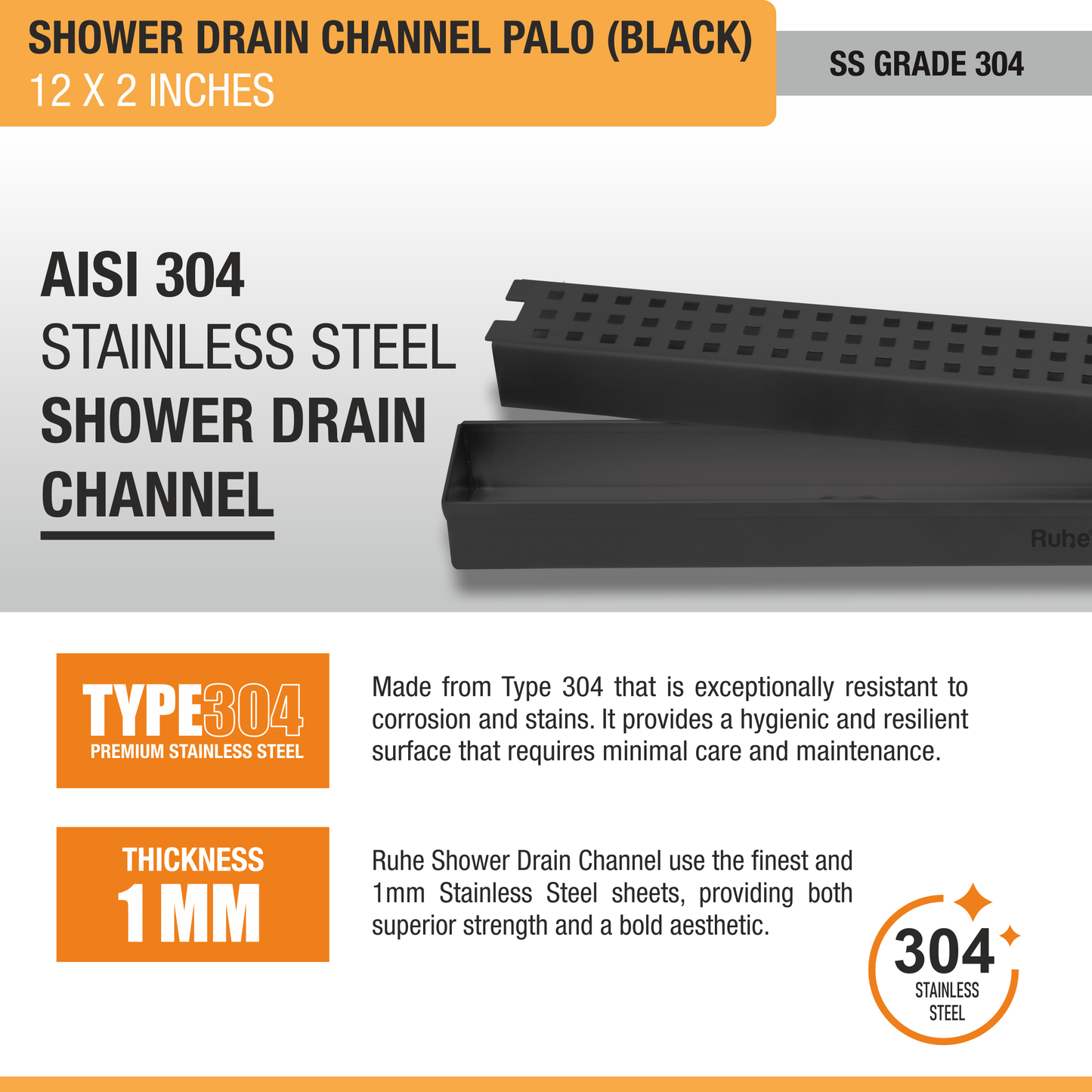 Palo Shower Drain Channel Black (2 Inches)