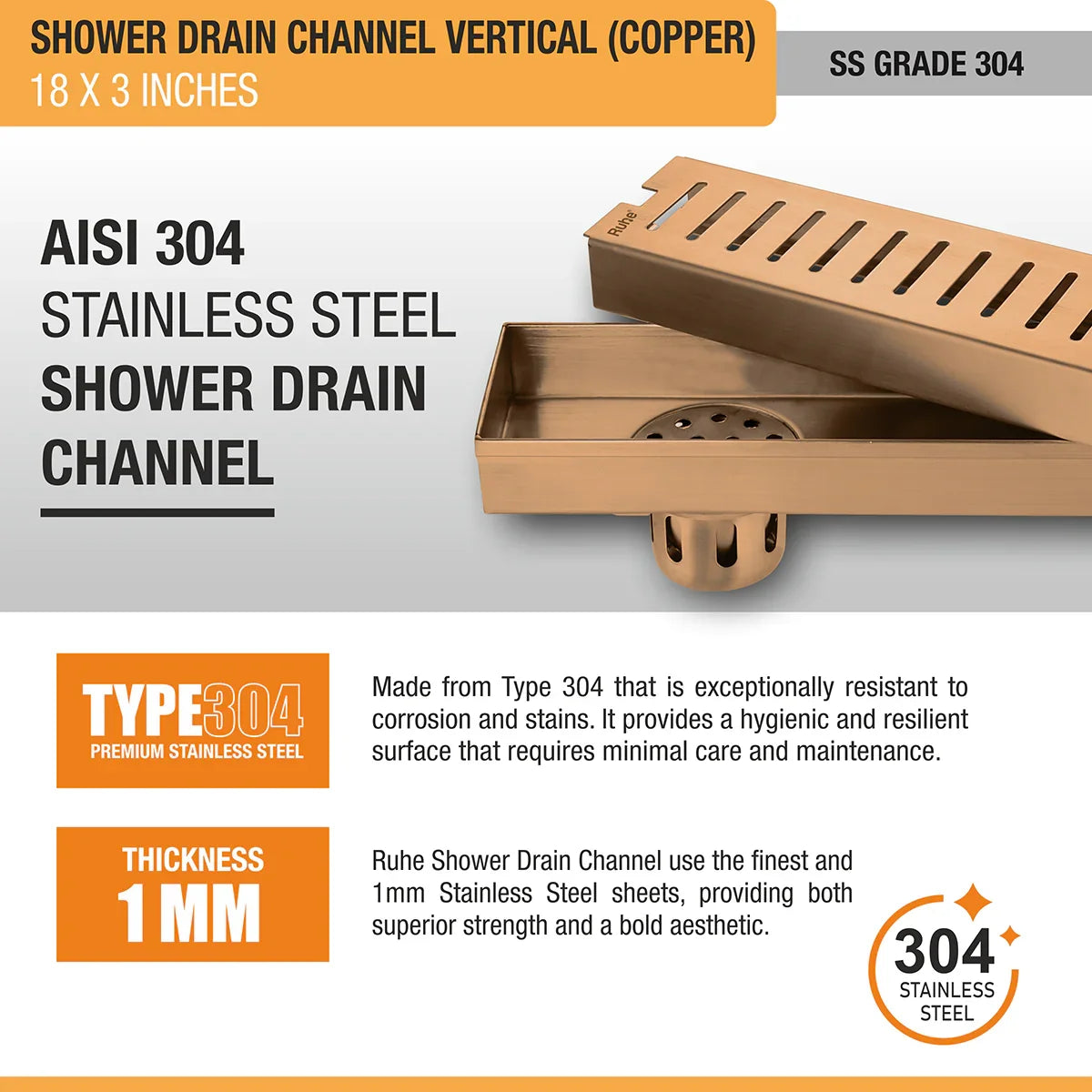 Vertical Shower Drain Channel (18 x 3 Inches) Antique Copper PVD Coated - by Ruhe