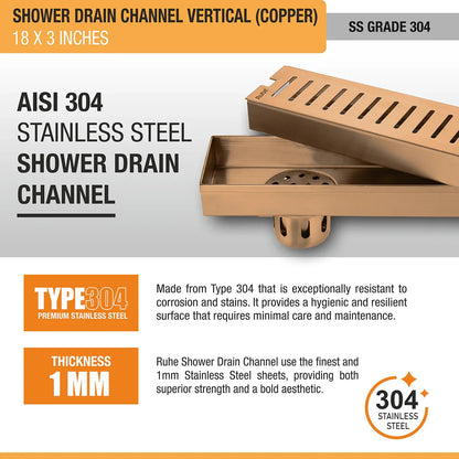 Vertical Shower Drain Channel (18 x 3 Inches) Antique Copper PVD Coated - by Ruhe