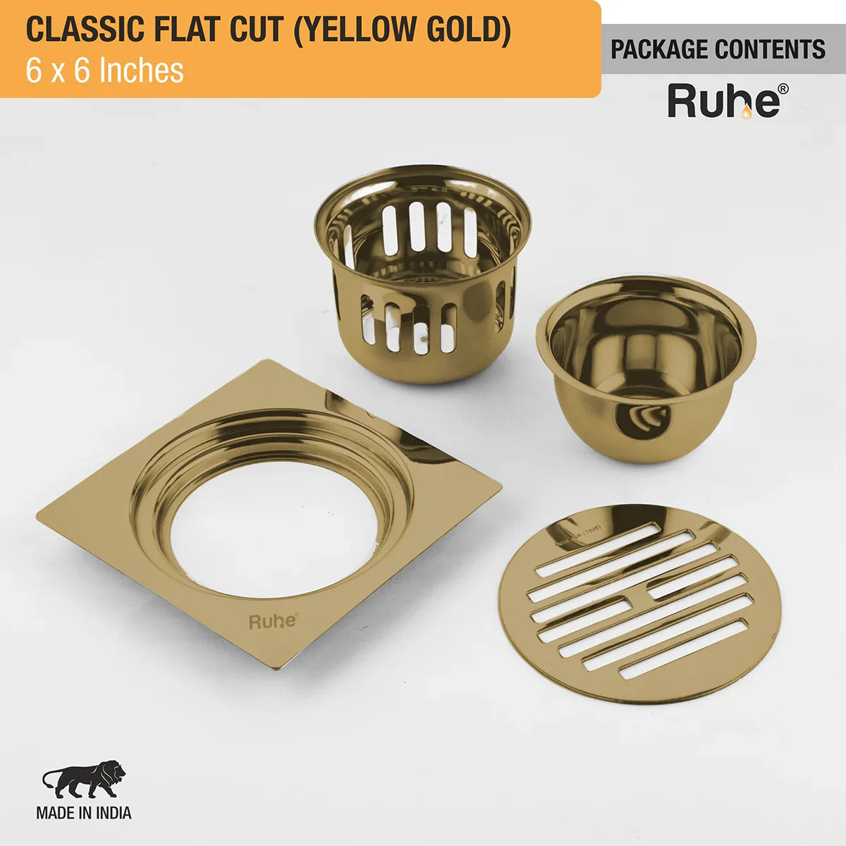 Classic Square Flat Cut Floor Drain in Yellow Gold PVD Coating (6 x 6 Inches) package content