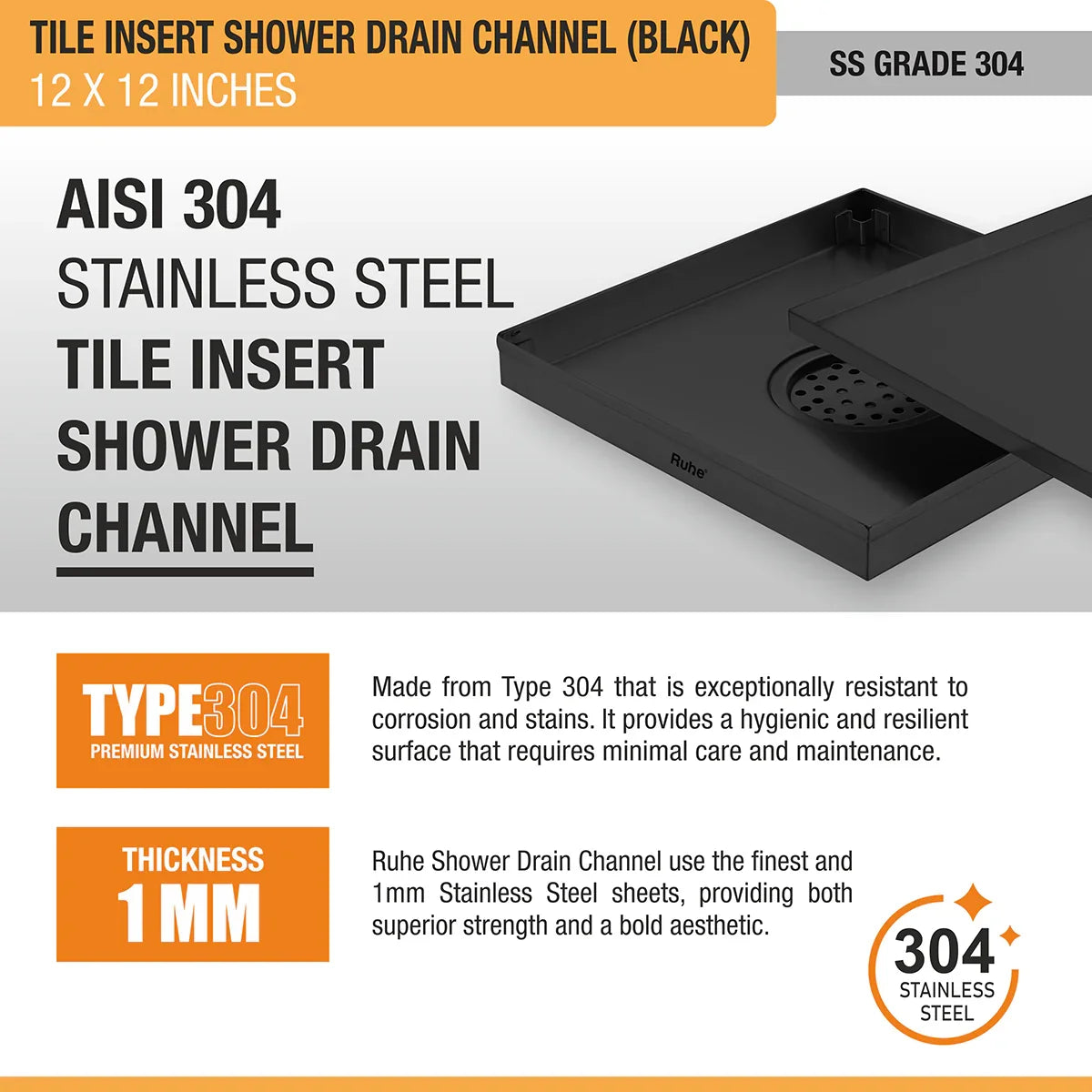 Tile-Insert Shower Drain Channel (12 x 12 Inches)