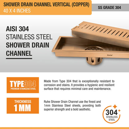 Vertical Shower Drain Channel (40 x 4 Inches) Antique Copper PVD Coated - by Ruhe
