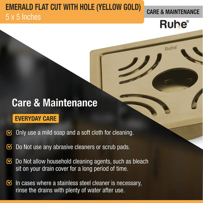 Emerald Square Flat Cut Floor Drain in Yellow Gold PVD Coating (5 x 5 Inches) with Hole care and maintenance