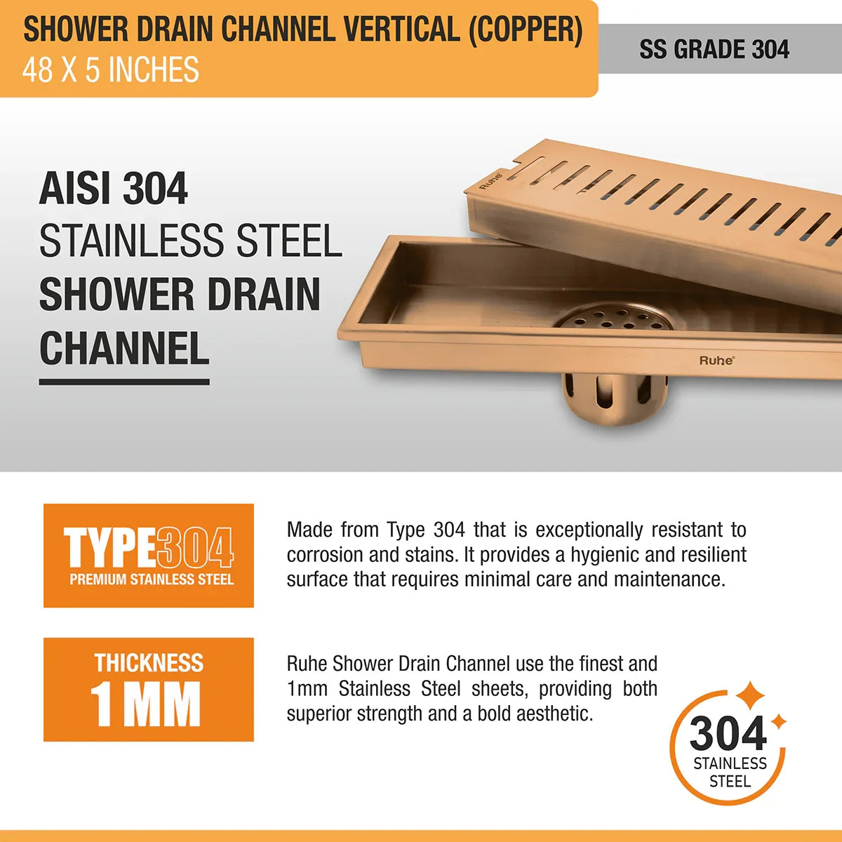 Vertical Shower Drain Channel (48 x 5 Inches) Antique Copper PVD Coated - by Ruhe