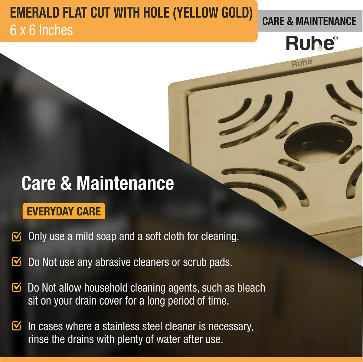 Emerald Square Flat Cut Floor Drain in Yellow Gold PVD Coating (6 x 6 Inches) with Hole care and maintenance