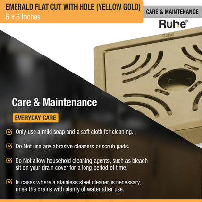 Emerald Square Flat Cut Floor Drain in Yellow Gold PVD Coating (6 x 6 Inches) with Hole care and maintenance