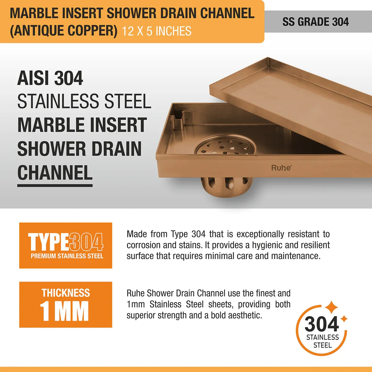 Marble-Insert Shower Drain Channel 5 inches