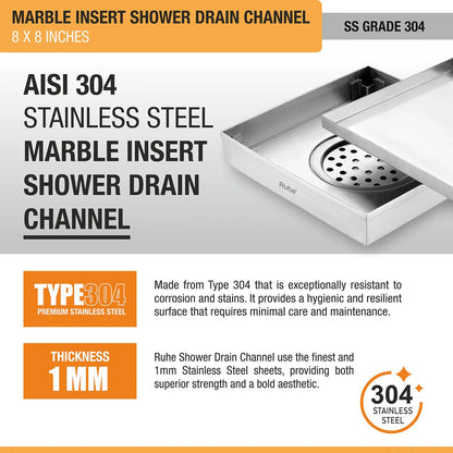 Marble Insert Shower Drain Channel (8 x 8 Inches) with Cockroach Trap (304 Grade) stainless steel