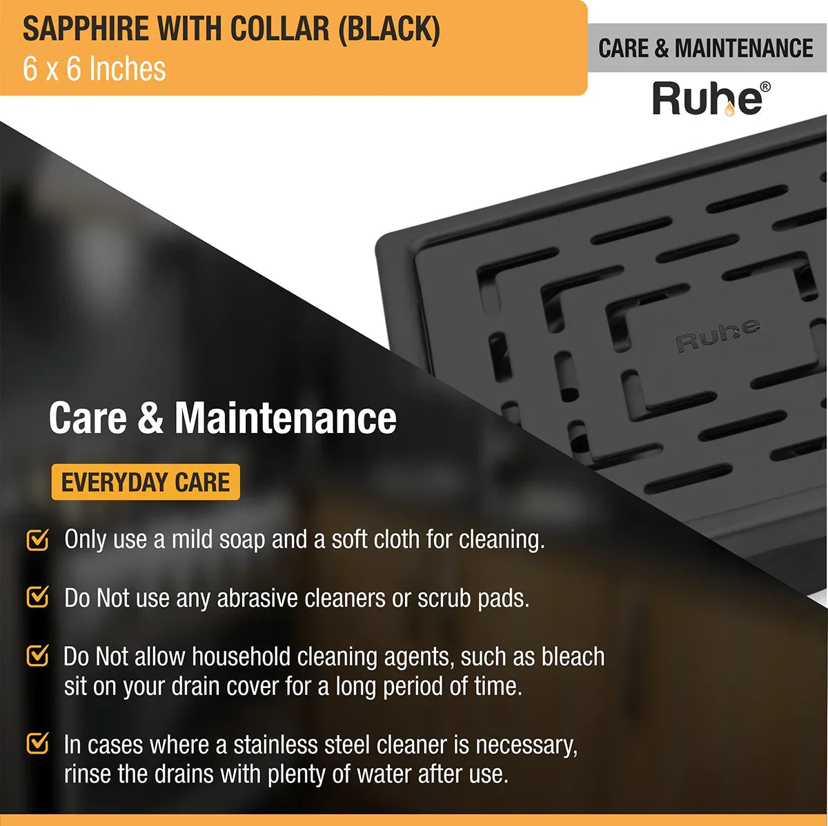 Sapphire Square 304-Grade Floor Drain in Black PVD Coating (6 x 6 Inches) care and maintenance