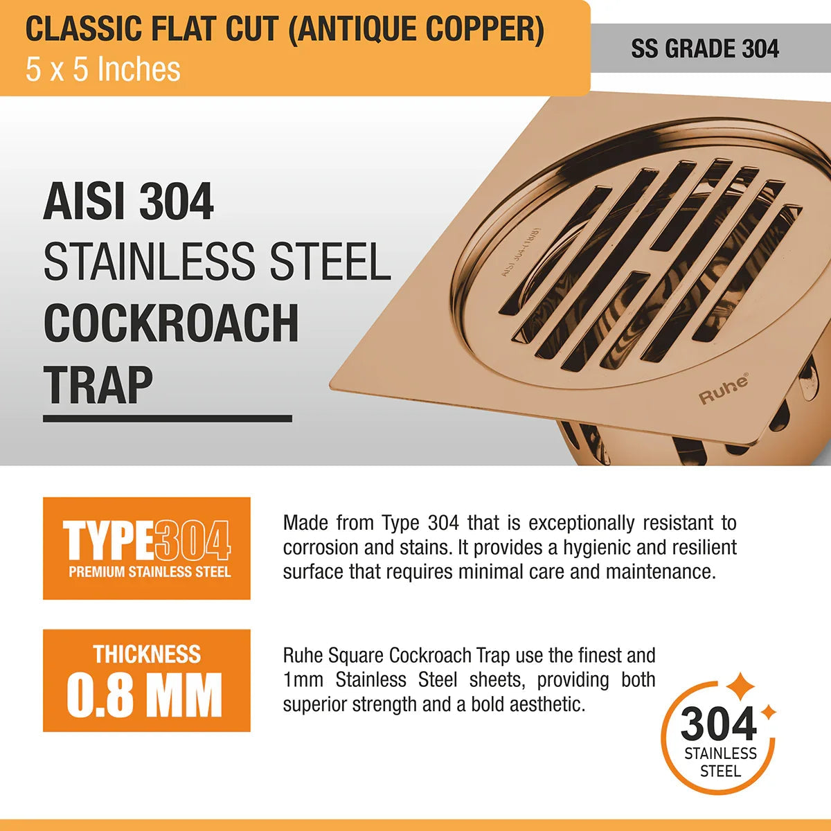 Classic Square Flat Cut Floor Drain in Antique Copper PVD Coating (5 x 5 Inches) 304 stainless steel
