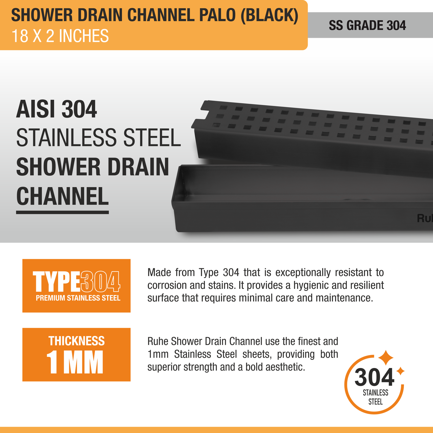 Palo Shower Drain Channel Black (2 Inches)