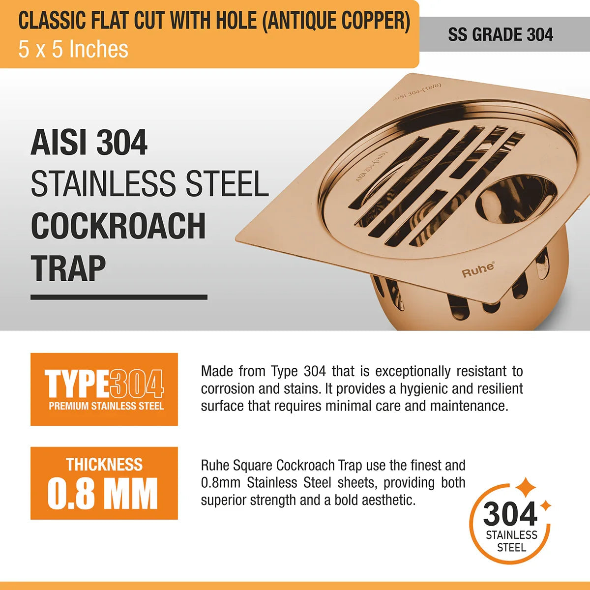 Classic Square Flat Cut Floor Drain in Antique Copper PVD Coating (5 x 5 Inches) with Hole 304 stainless steel