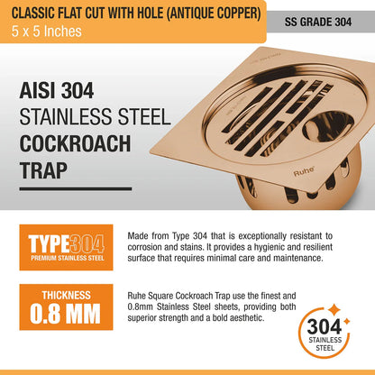 Classic Square Flat Cut Floor Drain in Antique Copper PVD Coating (5 x 5 Inches) with Hole 304 stainless steel
