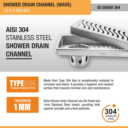 Wave Shower Drain Channel (12 X 4 Inches) with Cockroach Trap (304 Grade) stainless steel