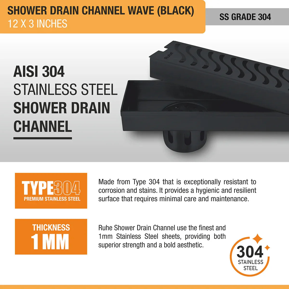 Wave Shower Drain Channel (12 x 3 Inches) Black PVD Coated stainless steel