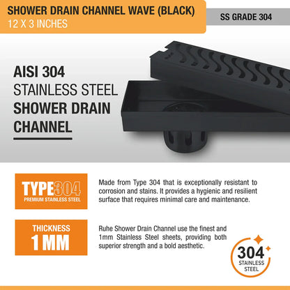 Wave Shower Drain Channel (12 x 3 Inches) Black PVD Coated stainless steel