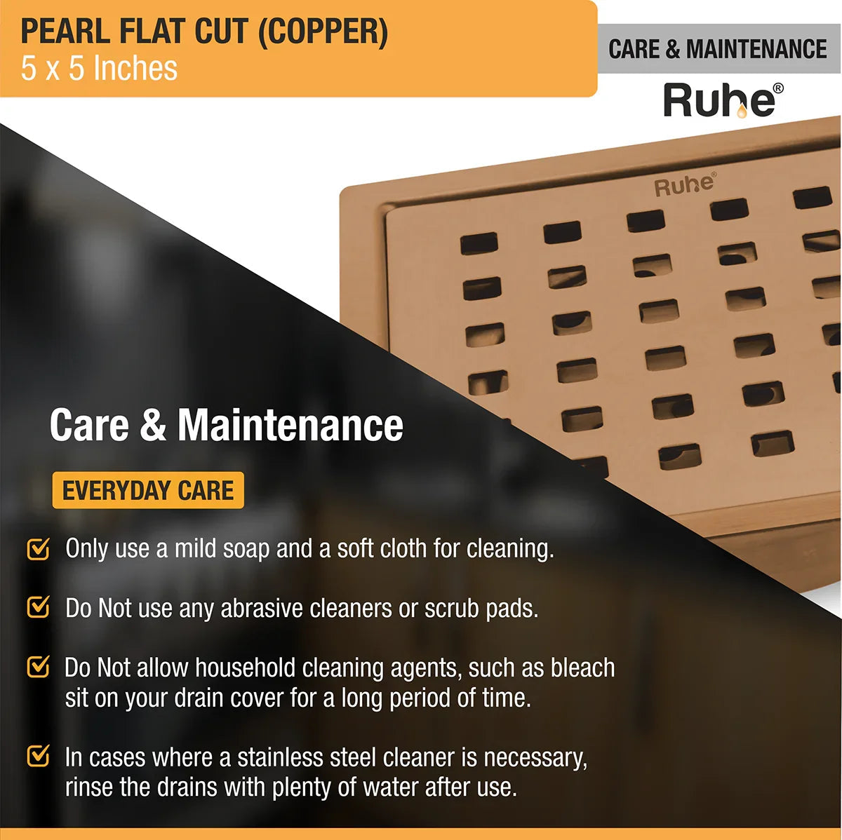 Pearl Square Flat Cut Floor Drain in Antique Copper PVD Coating (5 x 5 Inches) care and amintennace