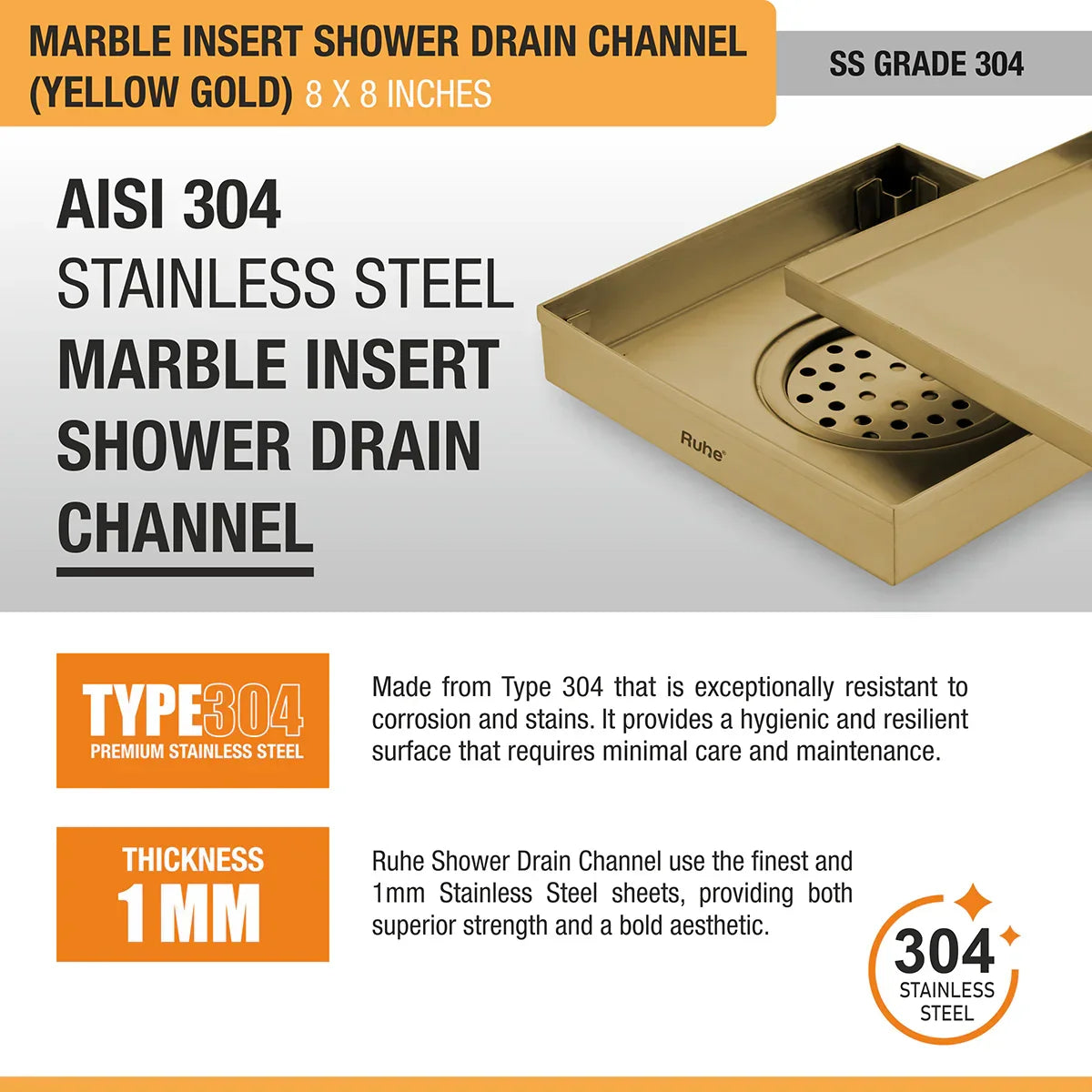 Marble-Insert Shower Drain Channel (8 x 8 Inches)