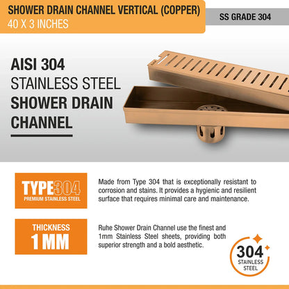 Vertical Shower Drain Channel (40 x 3 Inches) Antique Copper PVD Coated - by Ruhe