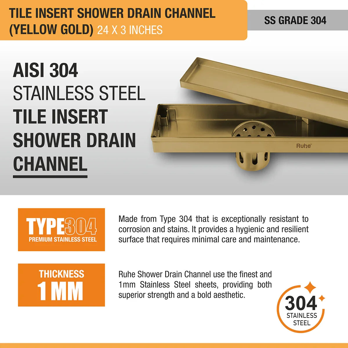 Tile-Insert Shower Drain Channel (3 Inches)
