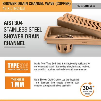 Wave Shower Drain Channel (48 x 5 Inches) Antique Copper PVD Coated - by Ruhe