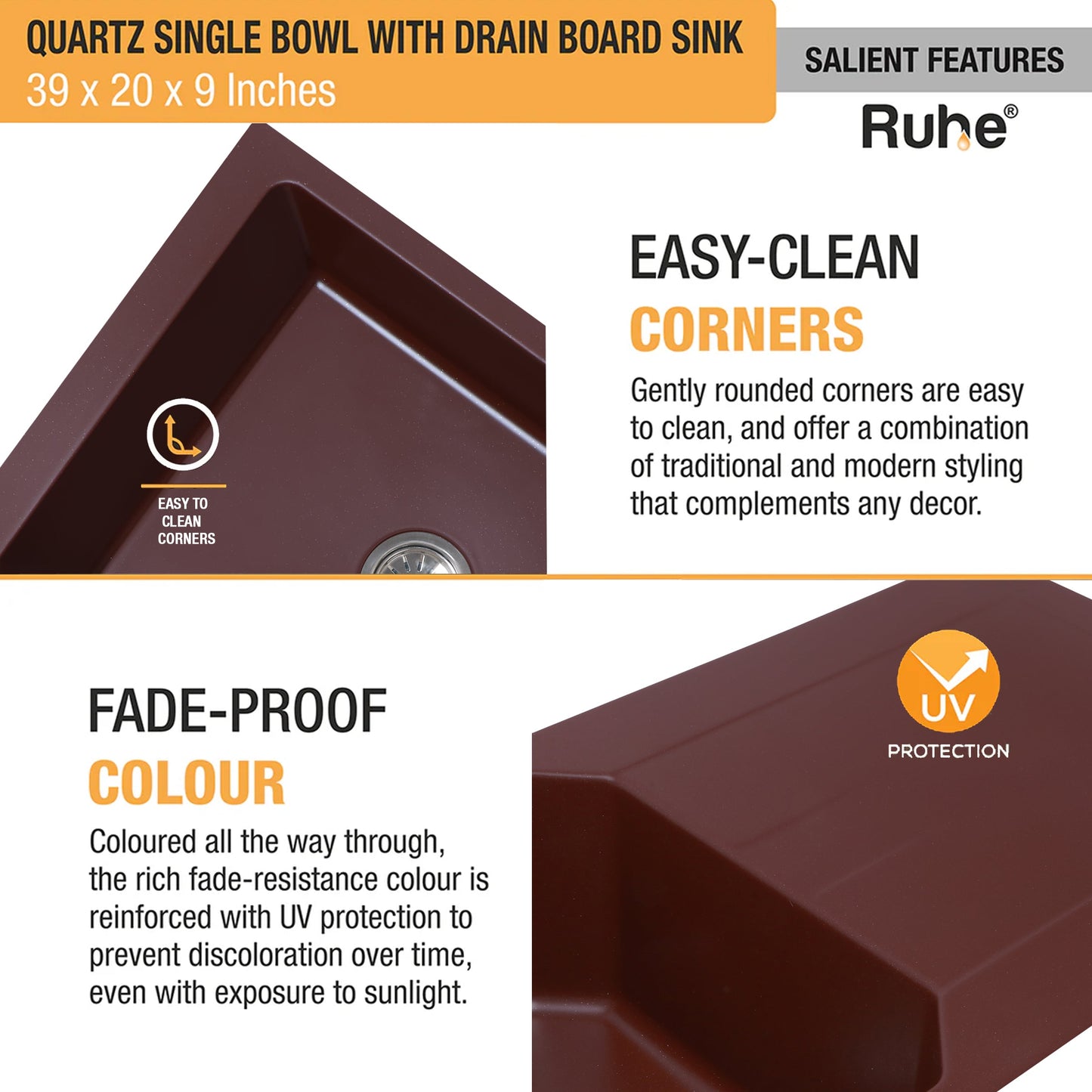 Quartz Single Bowl with Drainboard Kitchen Sink (39 x 20 x 9 Inches)