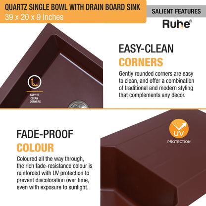 Quartz Single Bowl with Drainboard Kitchen Sink (39 x 20 x 9 Inches)
