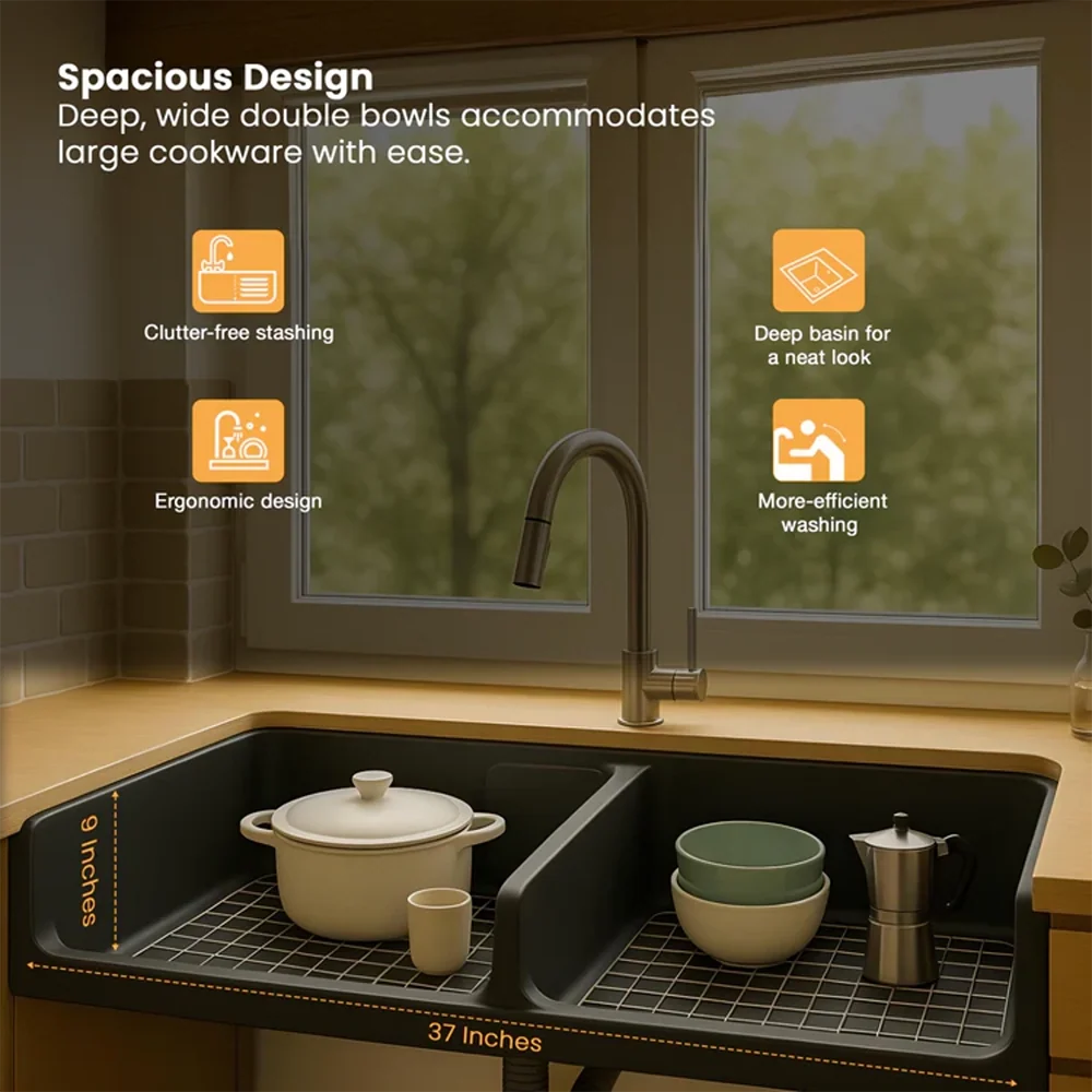 Quartz Double Bowl Black Kitchen Sink (37 x 18 x 9 Inches)