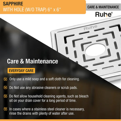Sapphire Square 304-Grade Floor Drain with Hole (6 x 6 Inches) - by Ruhe