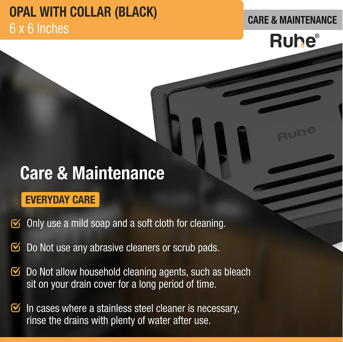 Opal Square 304-Grade Floor Drain in Black PVD Coating (6 x 6 Inches) care and maintenance