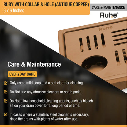 Ruby Square Flat Cut Floor Drain in Antique Copper PVD Coating (6 x 6 Inches) with Hole - by Ruhe