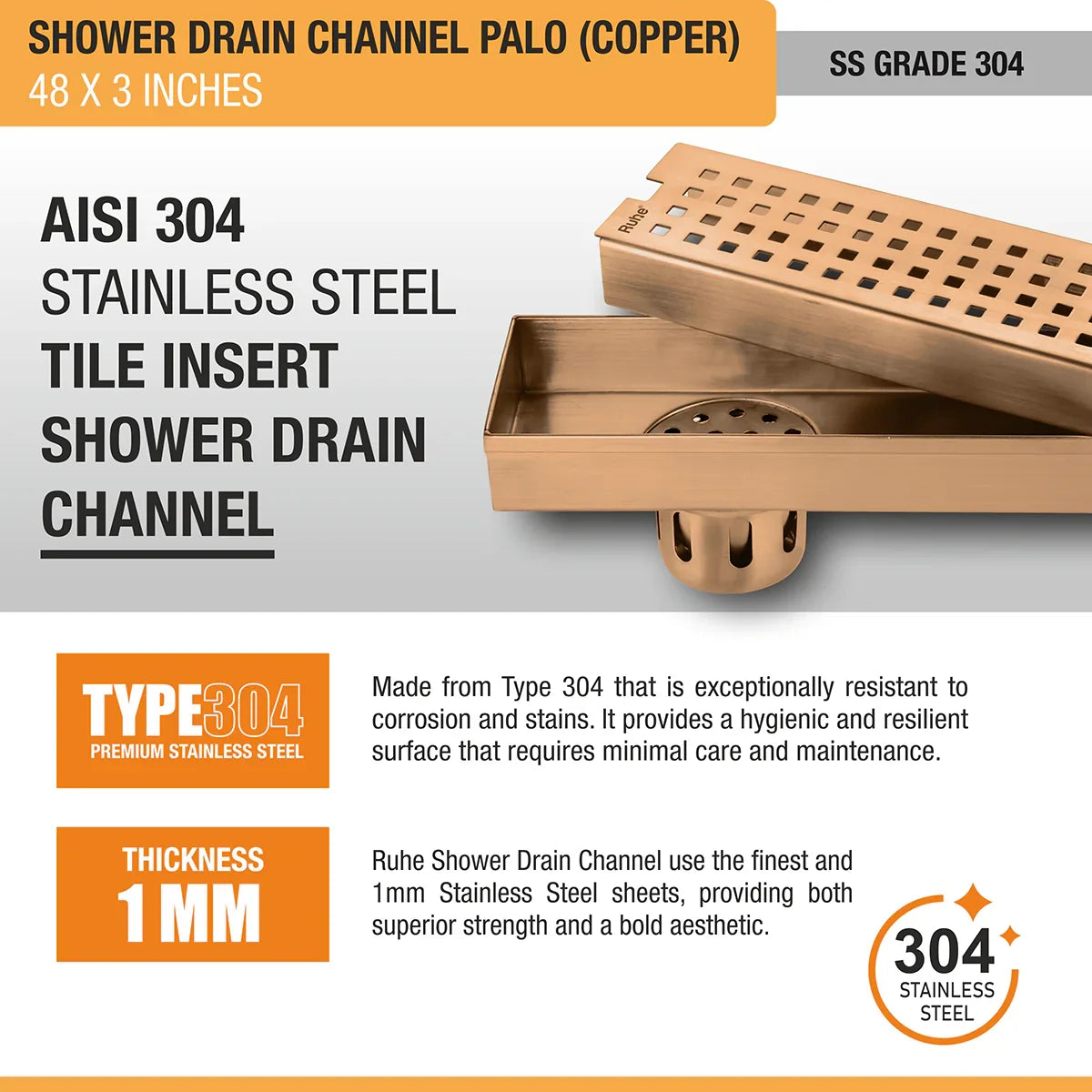 Palo Shower Drain Channel (48 x 3 Inches) Antique Copper PVD Coated - by Ruhe