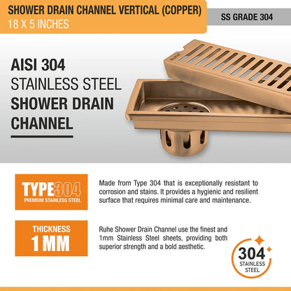 Vertical Shower Drain Channel (18 x 5 Inches) Antique Copper PVD Coated - by Ruhe
