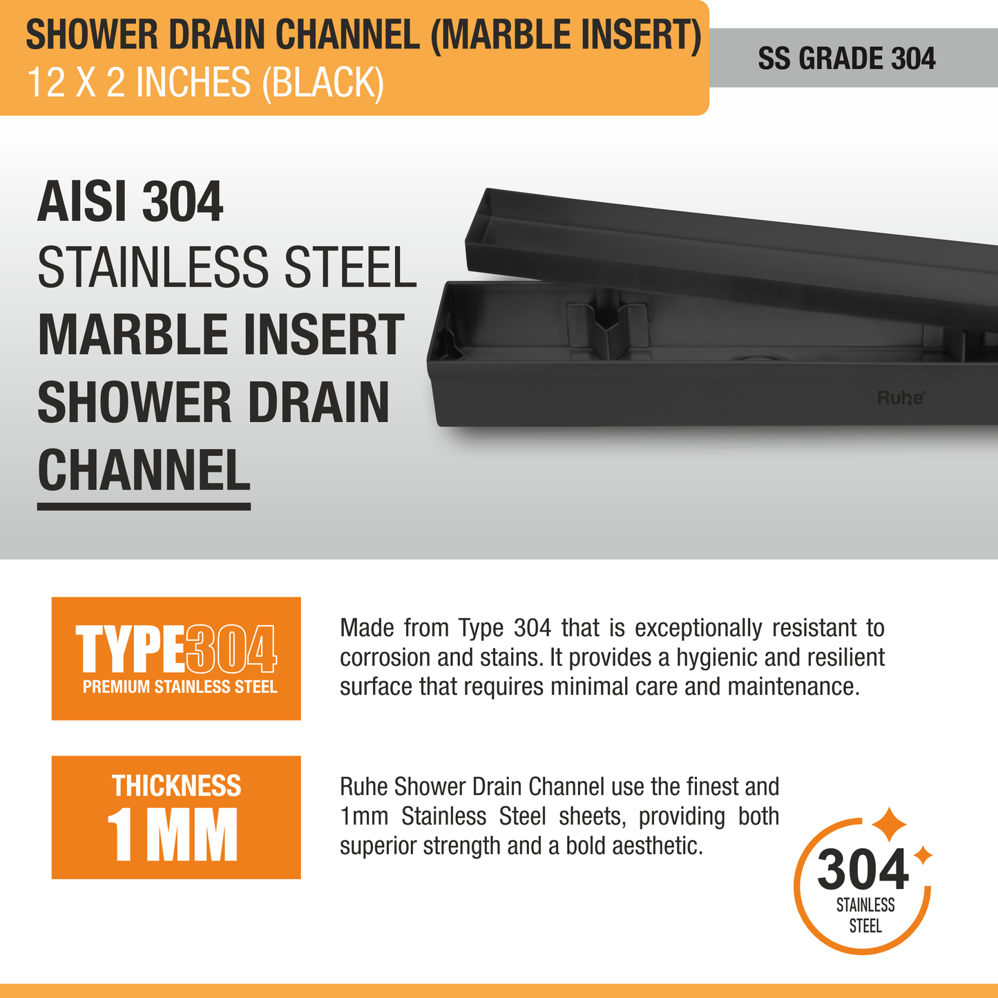 Marble-Insert Shower Drain Channel Coloured (2 Inches)
