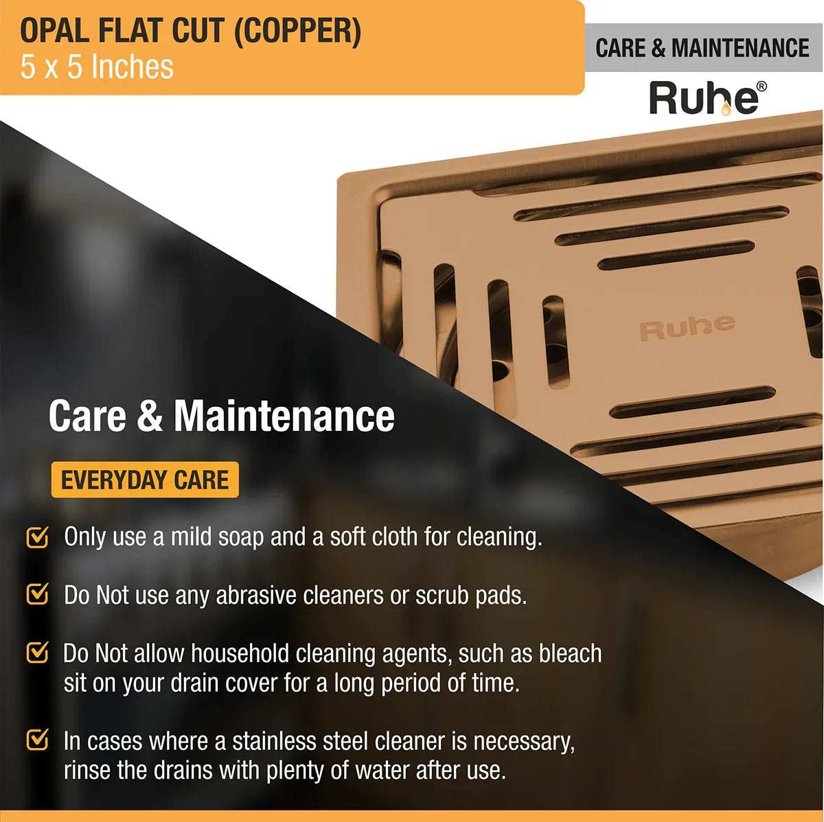Opal Square Flat Cut Floor Drain in Antique Copper PVD Coating (5 x 5 Inches) care and maintenance