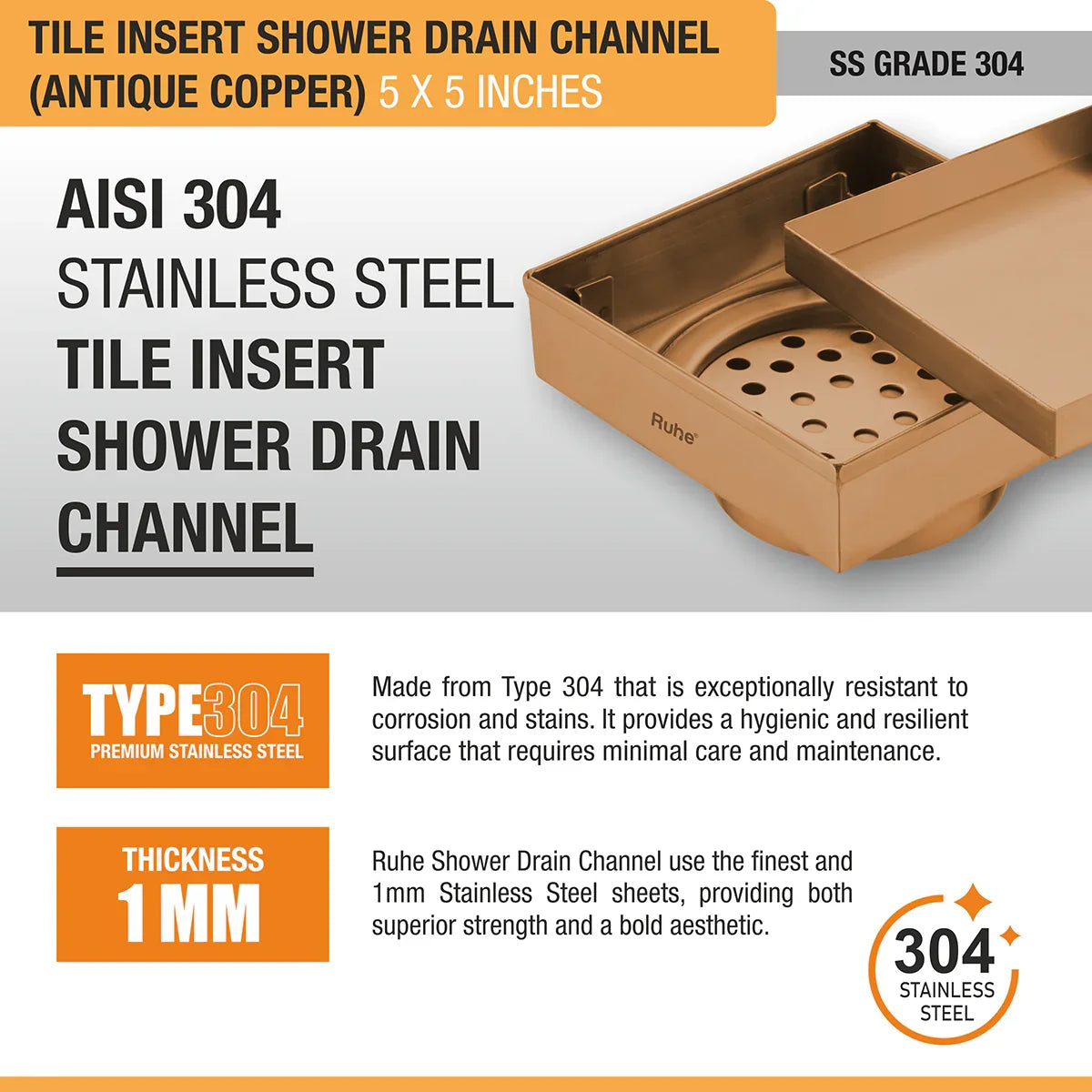 Tile-Insert Shower Drain Channel (4 x 4 Inches)