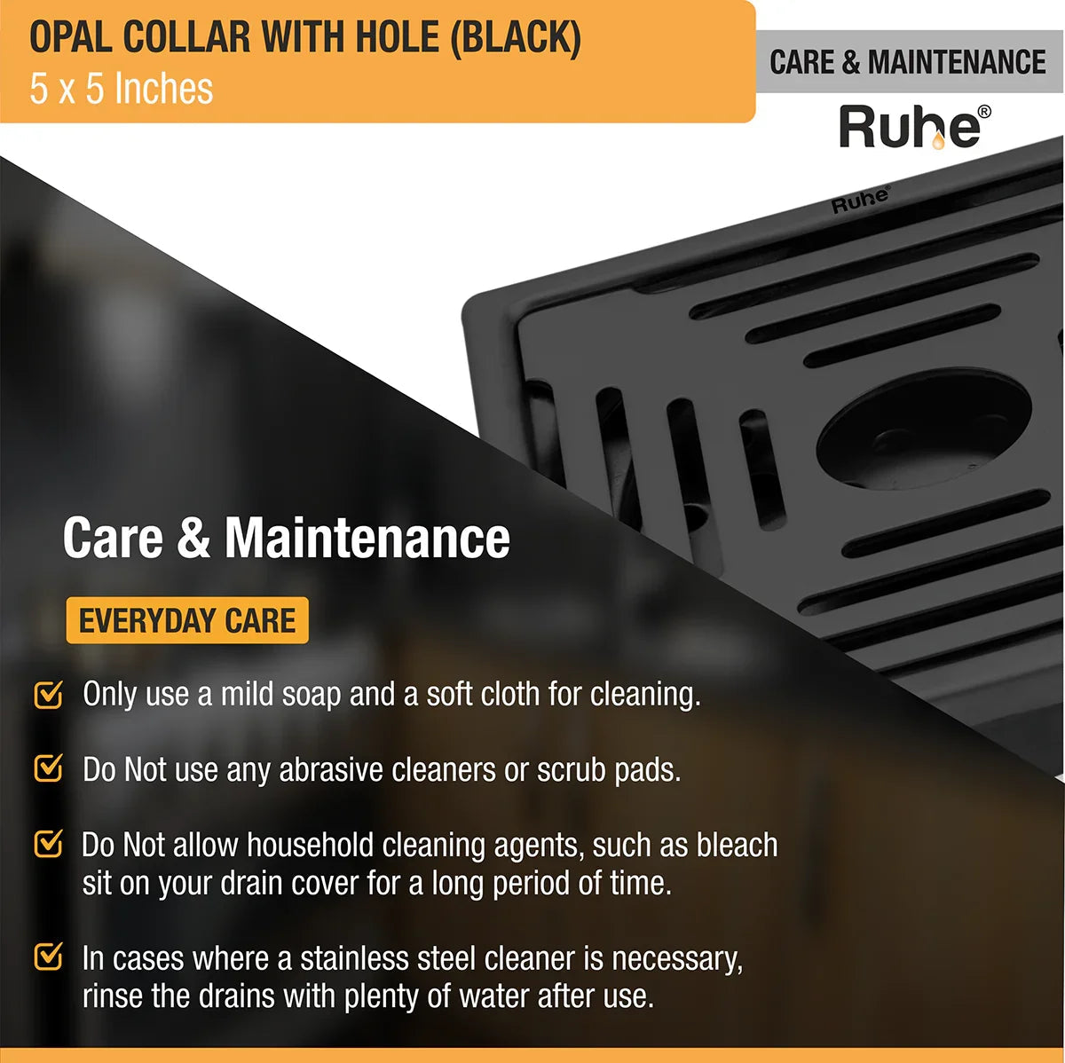 Opal Square 304-Grade Floor Drain in Black PVD Coating (5 x 5 Inches) with Hole care and maintenance