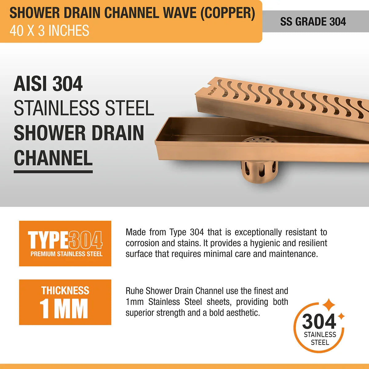 Wave Shower Drain Channel (40 x 3 Inches) Antique Copper PVD Coated - by Ruhe