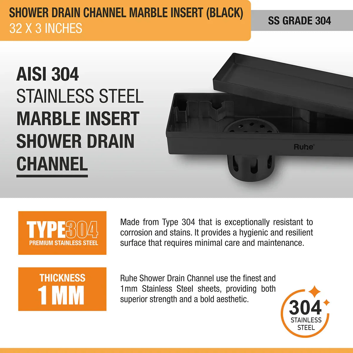 Marble-Insert Shower Drain Channel (3 Inches)