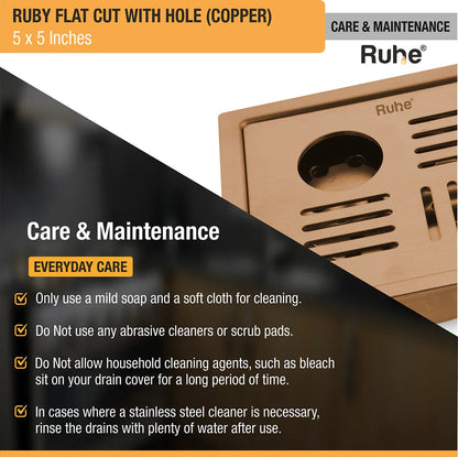 Ruby Square Flat Cut Floor Drain in Antique Copper PVD Coating (5 x 5 Inches) with Hole care and maintenance